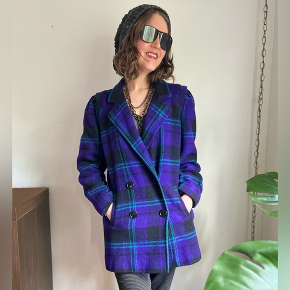 Vintage Purple Plaid Wool Coat Jacket 80s / 90s - Picture 7 of 8